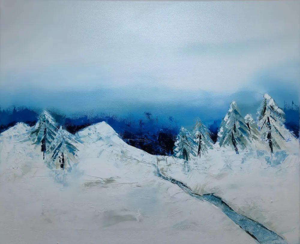 Calm North - an acrylic and oil painting of snow-covered pines and a winding stream under a pale winter sky.