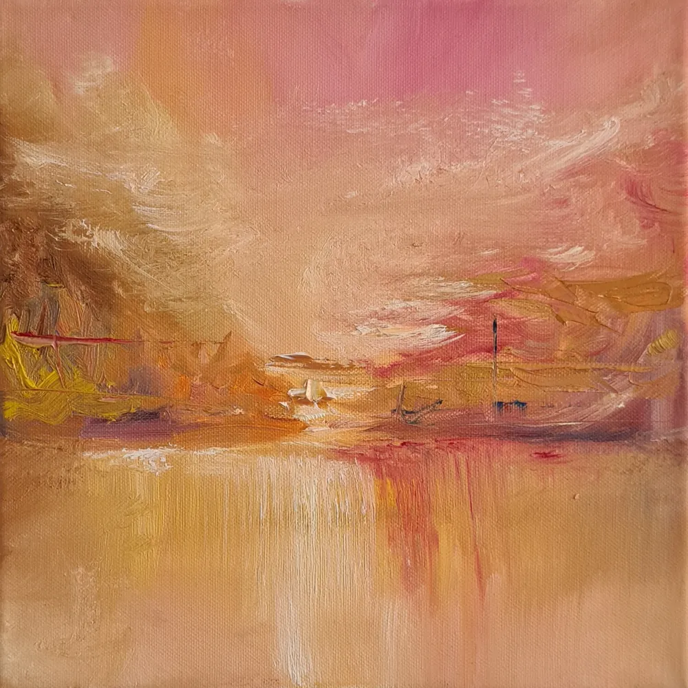 Seascape - an oil painting of a warm apricot and rose shoreline dissolving into soft light.