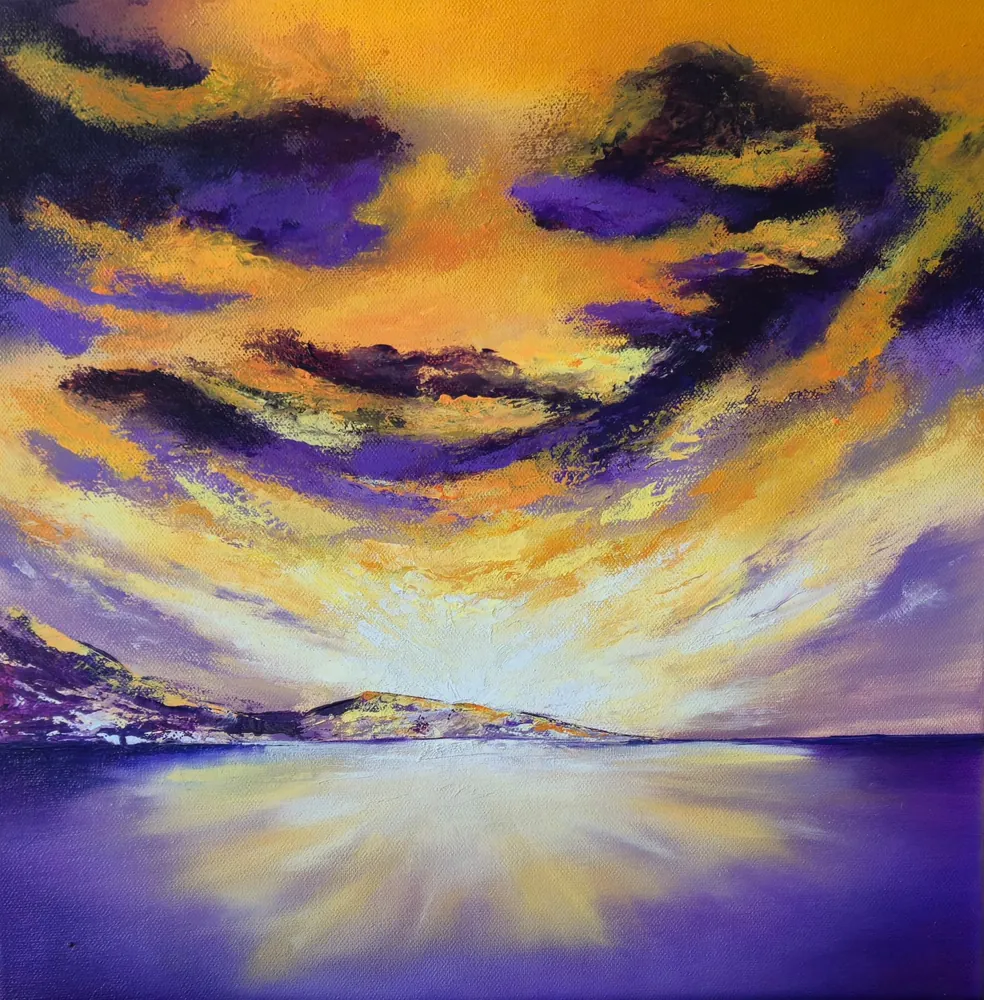 Where Light Begins - violet and gold clouds breaking open above a luminous sea.