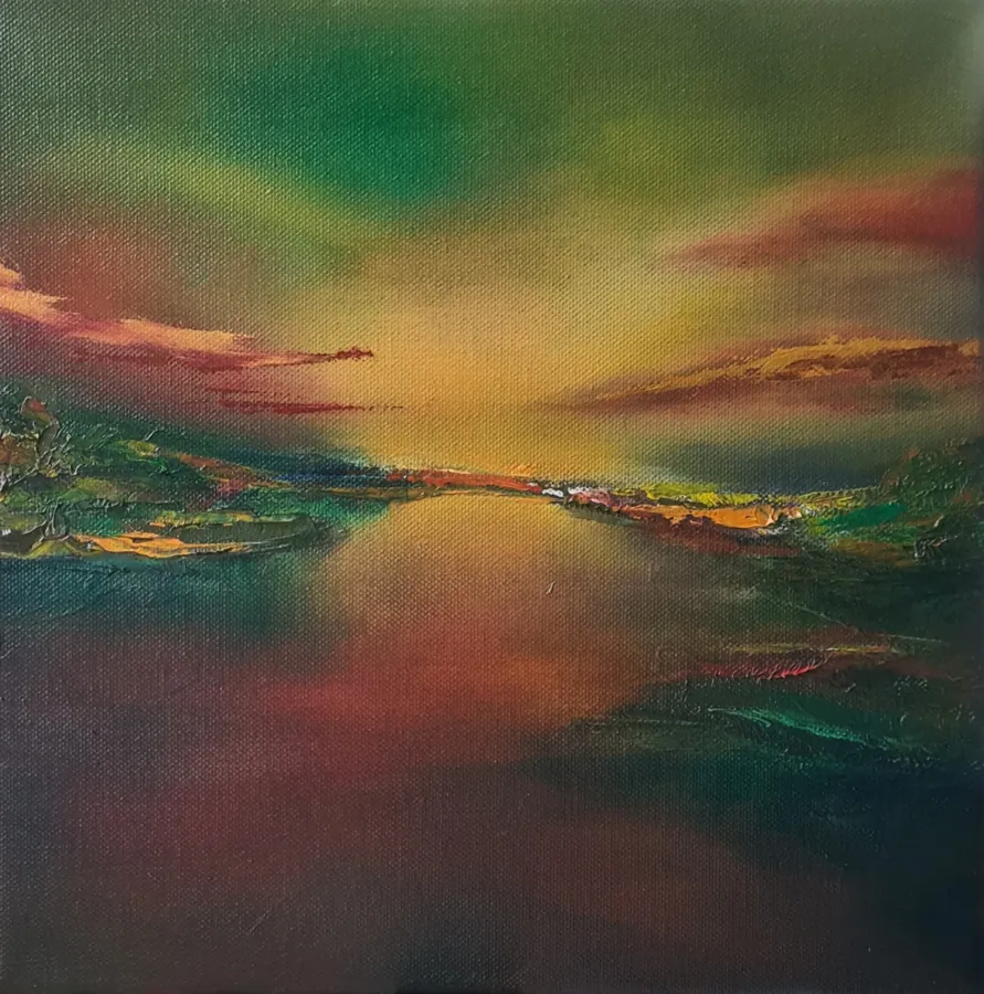 Autumn - an acrylic and oil painting of a golden horizon glowing between deep green and russet banks.