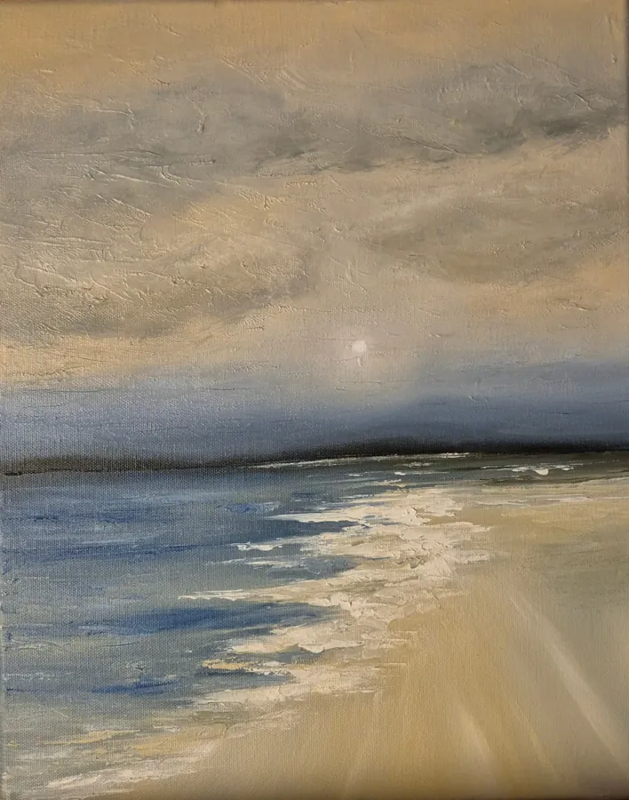 Soft Tide - an oil painting of pale surf meeting a sand shore beneath a warm grey sky.