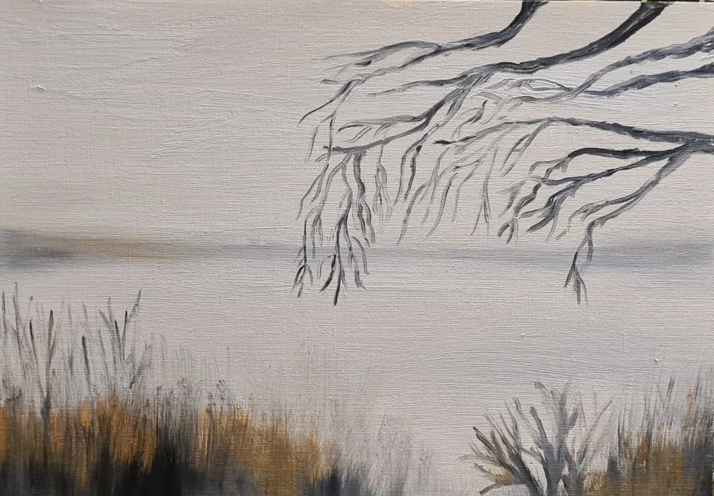 Fog - an oil painting on paper of bare branches and reeds by a misty grey lake.