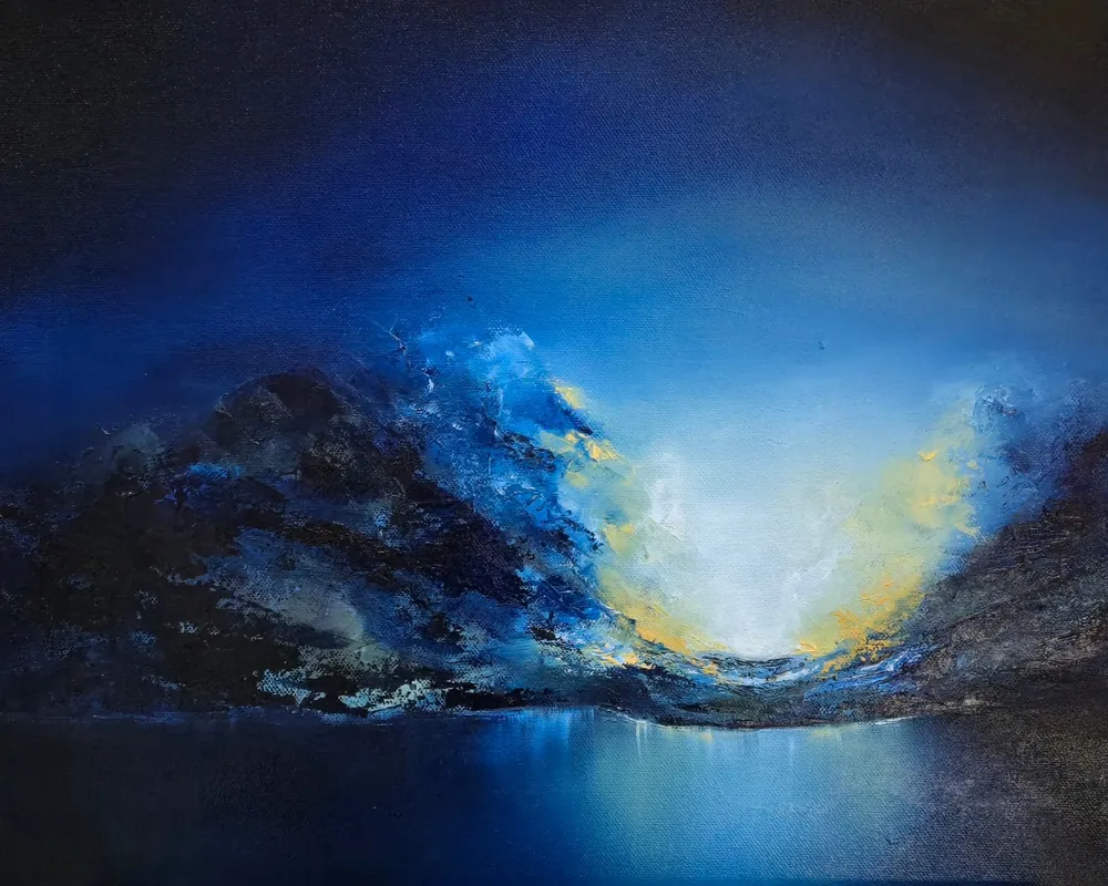Awakening Sky - an acrylic and oil painting of deep blue hills opening onto a luminous golden dawn.