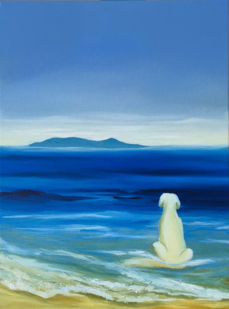 The Art of Doing Nothing - an oil painting of a pale dog sitting at the water's edge facing a deep blue sea.