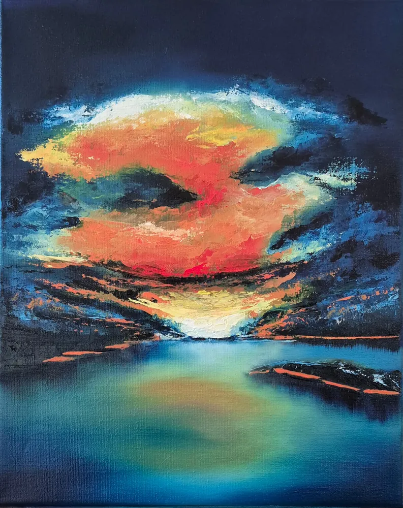 The Cloudship - an oil painting of a burning coral cloud opening over deep blue water at night.