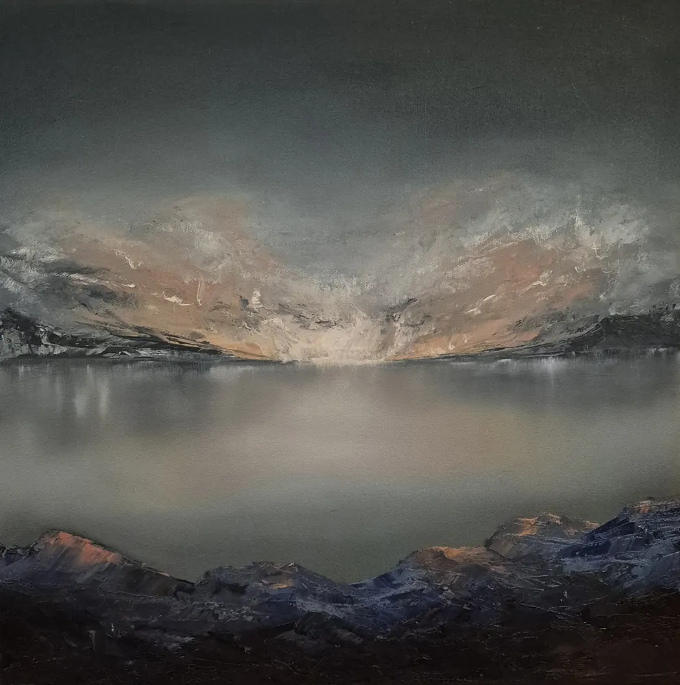 Blushing Sky - an acrylic and oil painting of a soft blush-toned sky mirrored in still water.