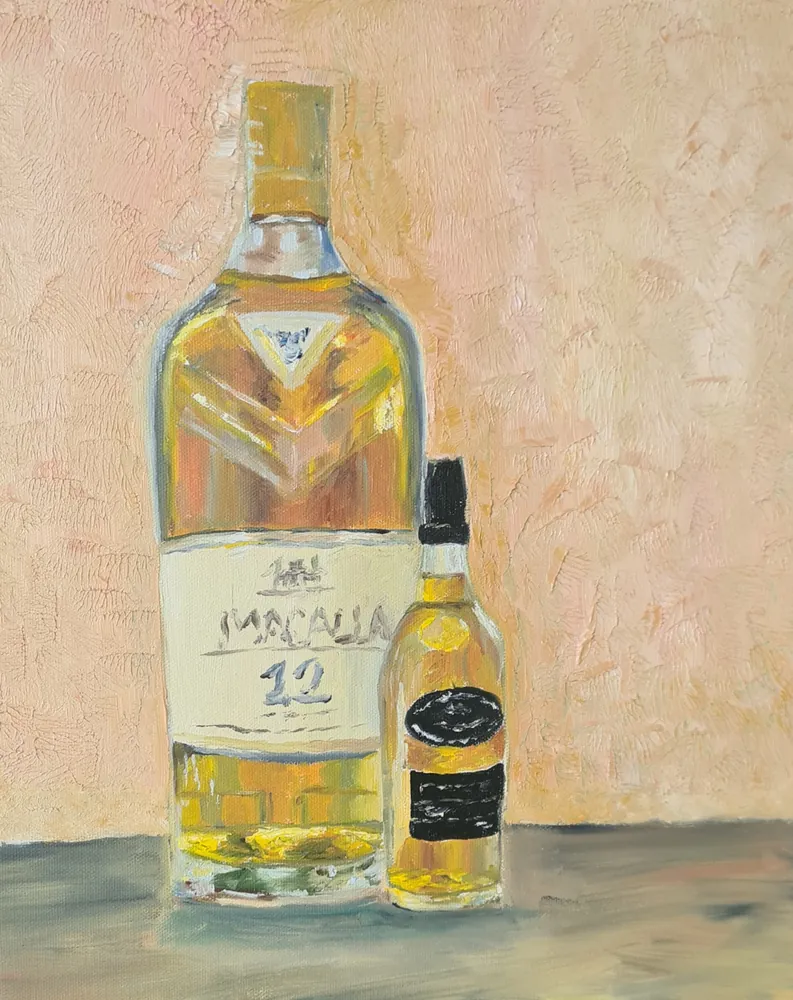 Macallan on Canvas - an oil still life of two whisky bottles glowing amber against a warm apricot wall.