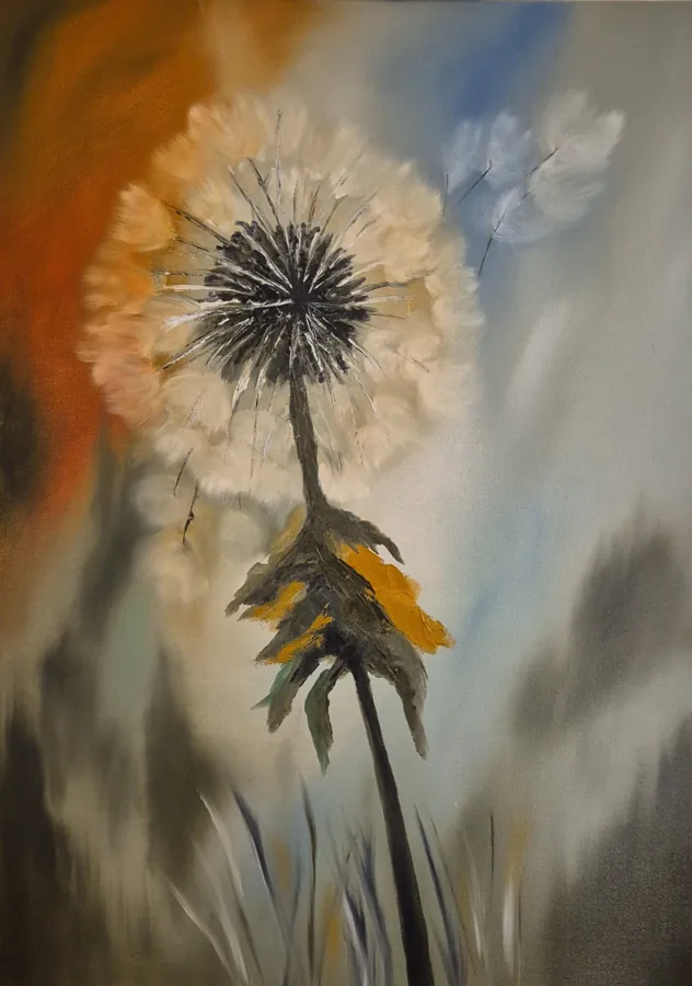 Dandelion - an oil painting of a single dandelion seedhead against a soft blue and amber field.