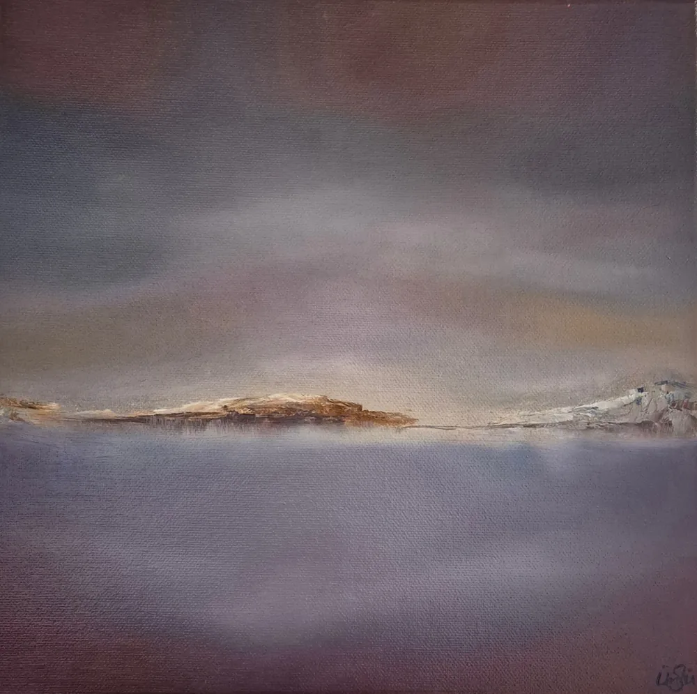 Lavender Sea - a muted lavender and grey seascape with a low ochre island on the horizon.
