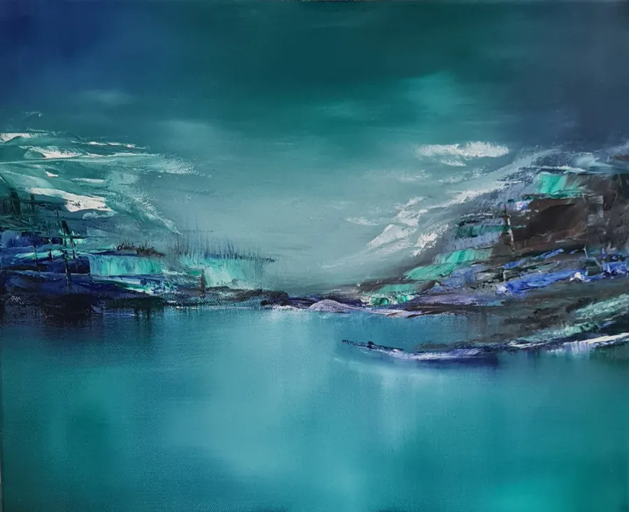 Cold but Peaceful - an acrylic and oil painting of a still turquoise inlet between snow-touched rocky shores.