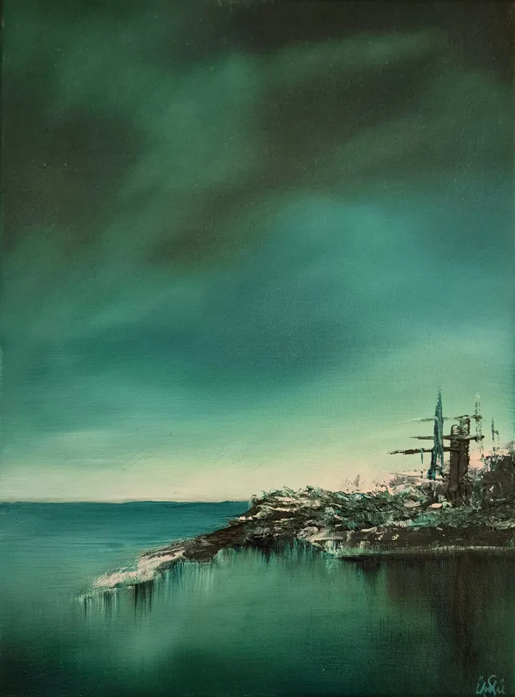 Isle of Shadows - an oil painting of a dark green shoreline and still water under a deep teal sky.
