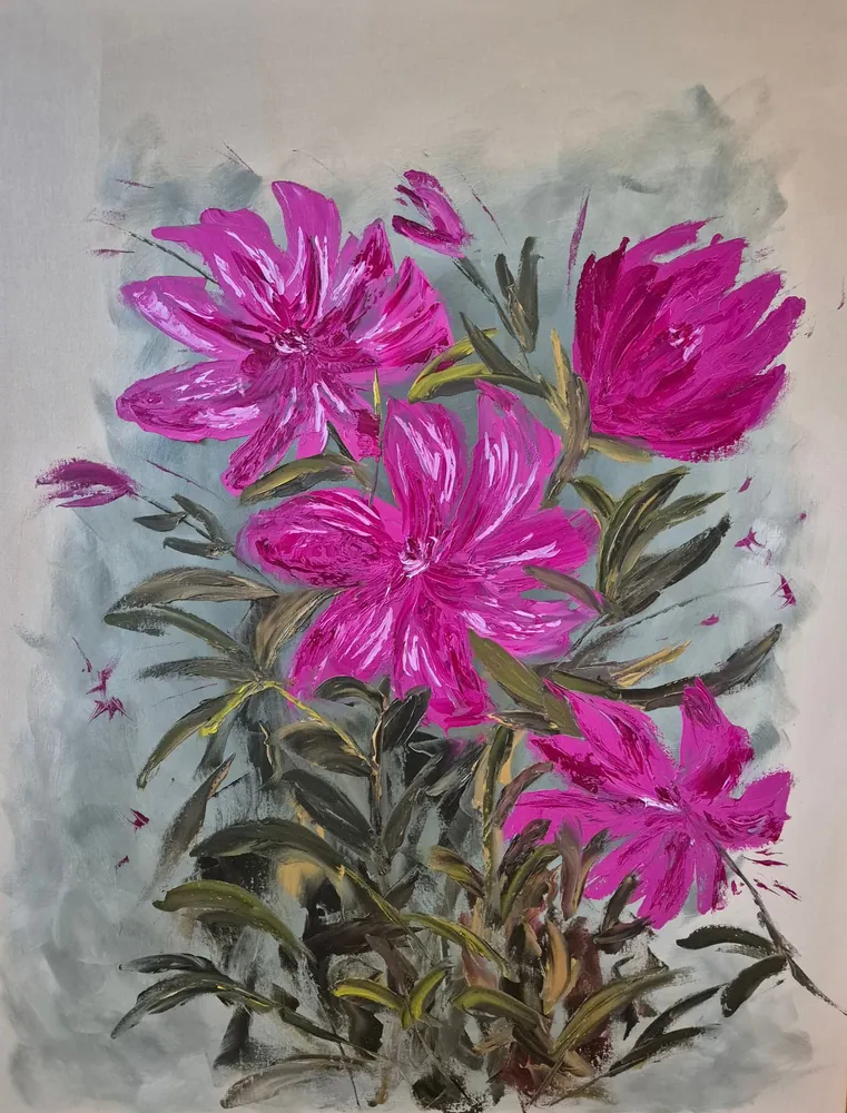Wild Flowers - a large oil painting of vivid magenta blooms with dark green foliage on a pale grey ground.
