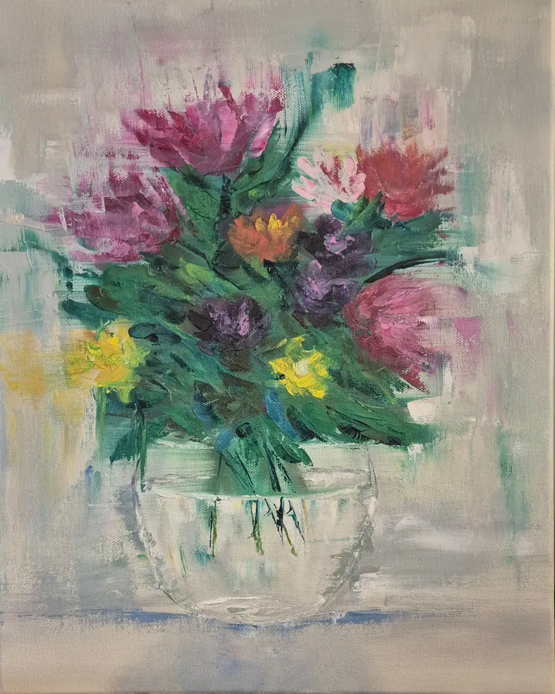 Colorflower - an oil painting of a bouquet of pink, yellow and purple flowers in a pale vase.