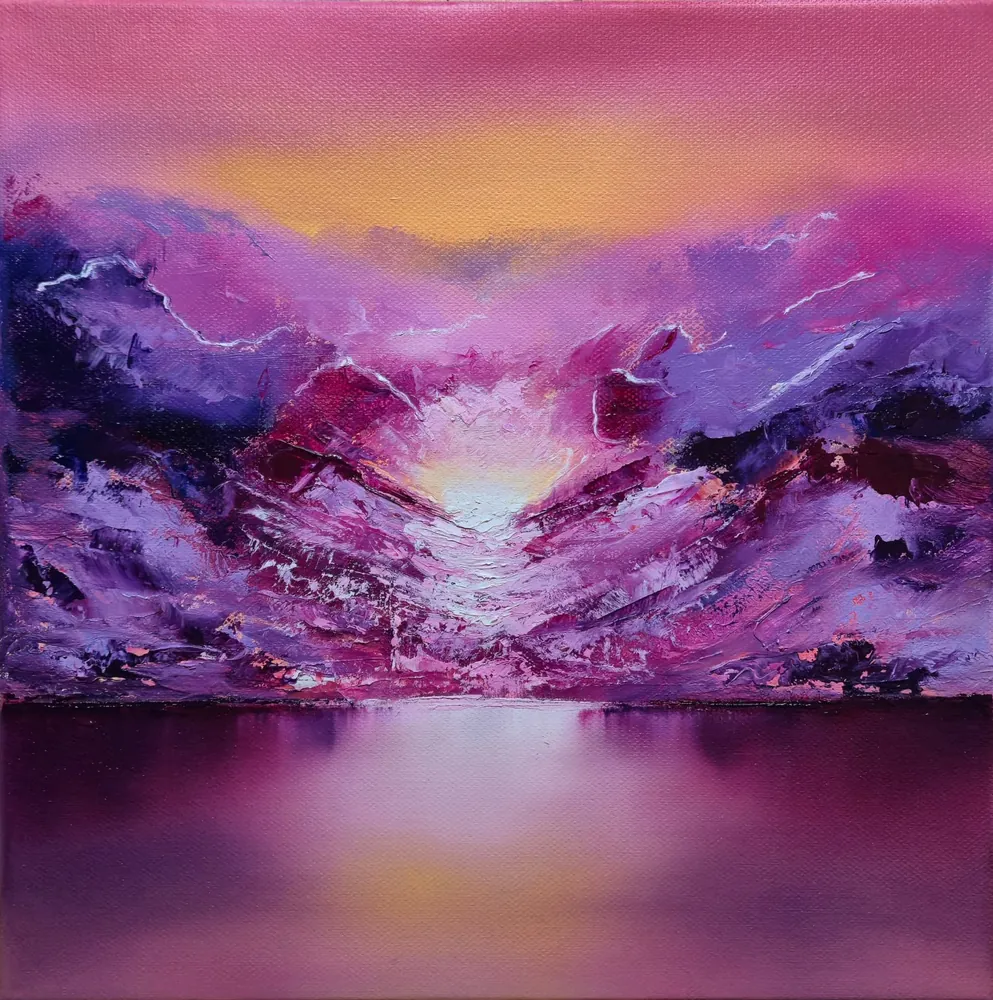 Valley of Light - magenta and violet mountains parting around a luminous white valley above still water.