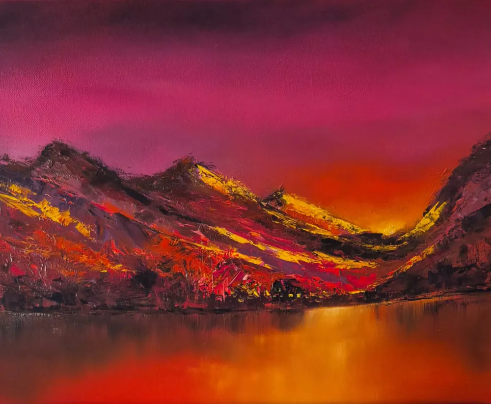 Ember Peaks - an acrylic and oil painting of magenta and amber mountains above a glowing lake.