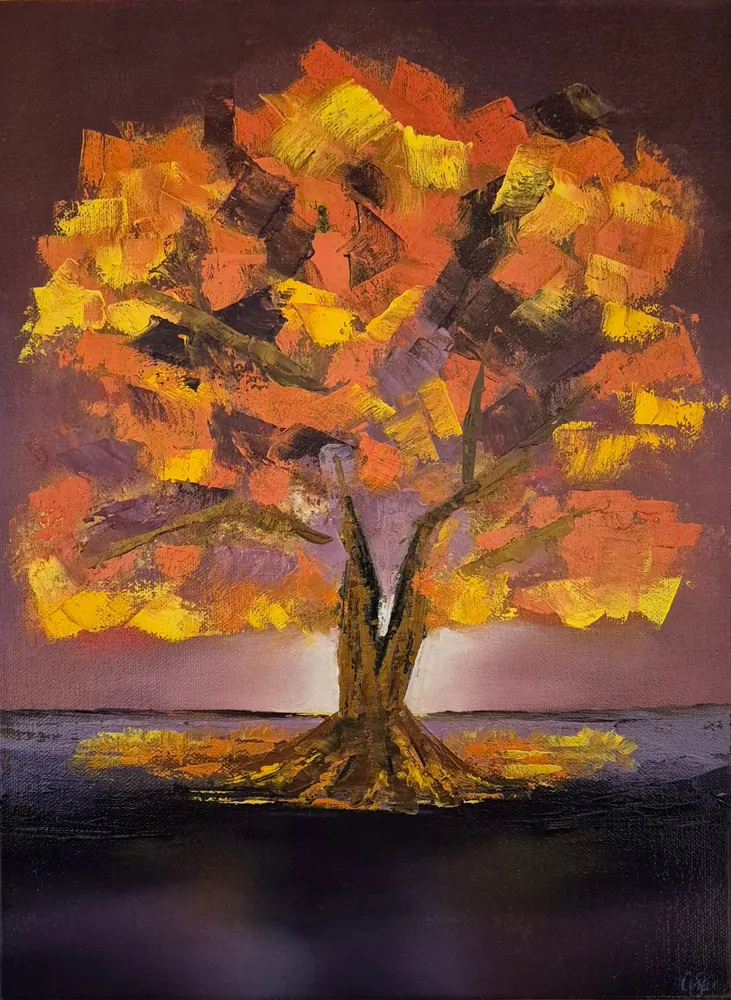 Changes - an oil painting of a solitary tree with fiery orange and yellow foliage against a dark ground.