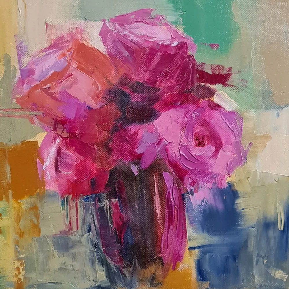 Roses - an oil painting of vivid pink roses in a glass vase against blocks of green, ochre and blue.