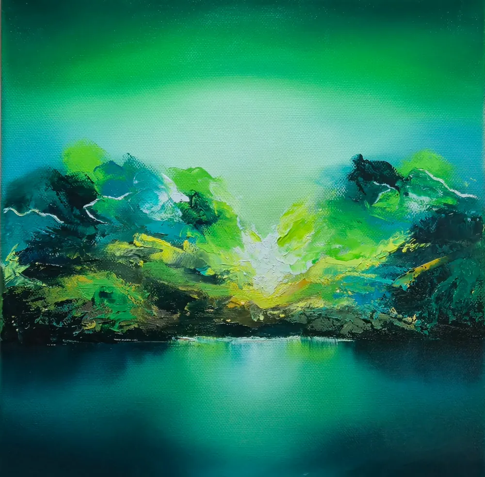 Emerald Passage - an acrylic and oil painting of luminous green hills parting above still water.