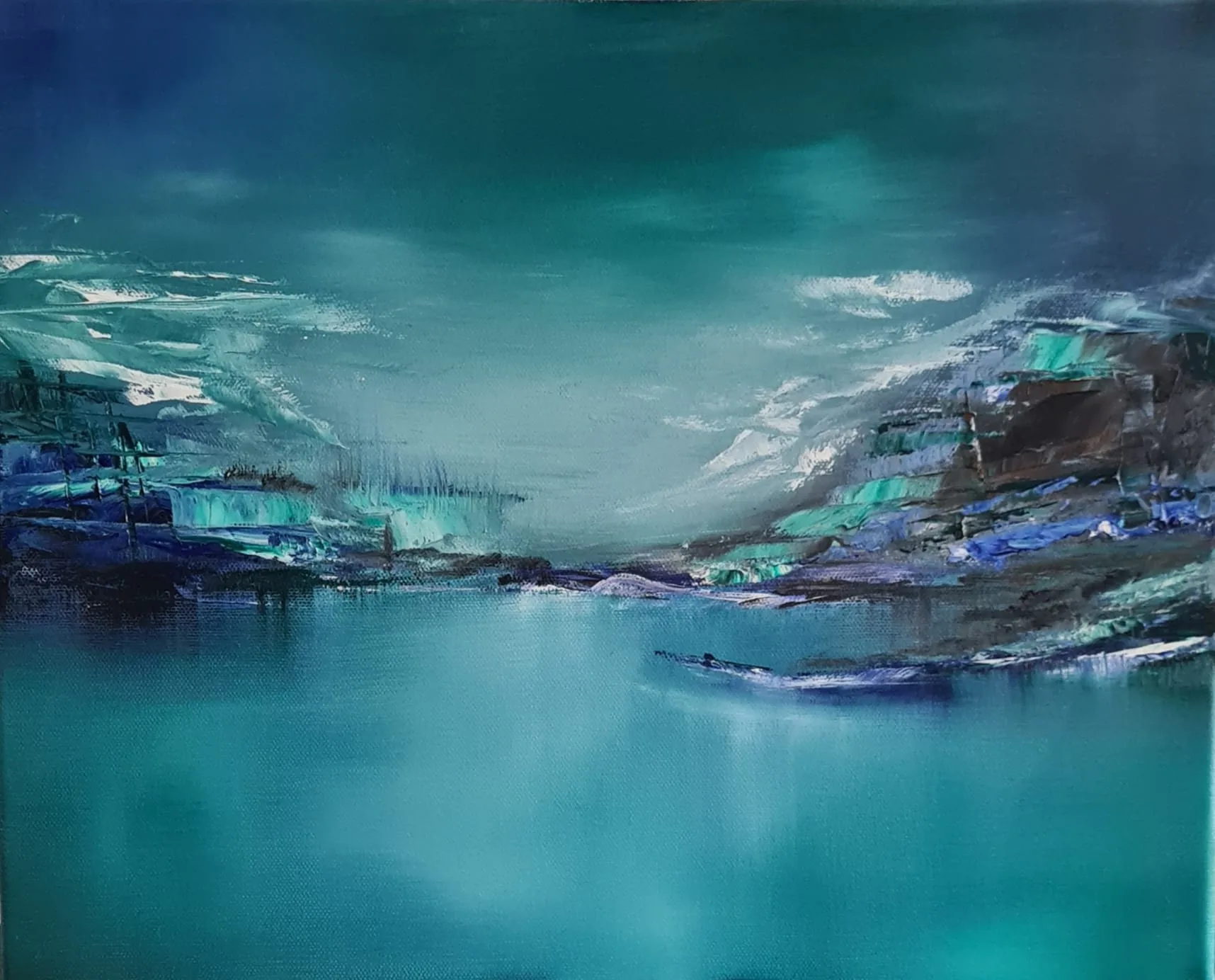 A quiet turquoise seascape painting by Sedef Ünlü, the signature image of Colors for Nature.